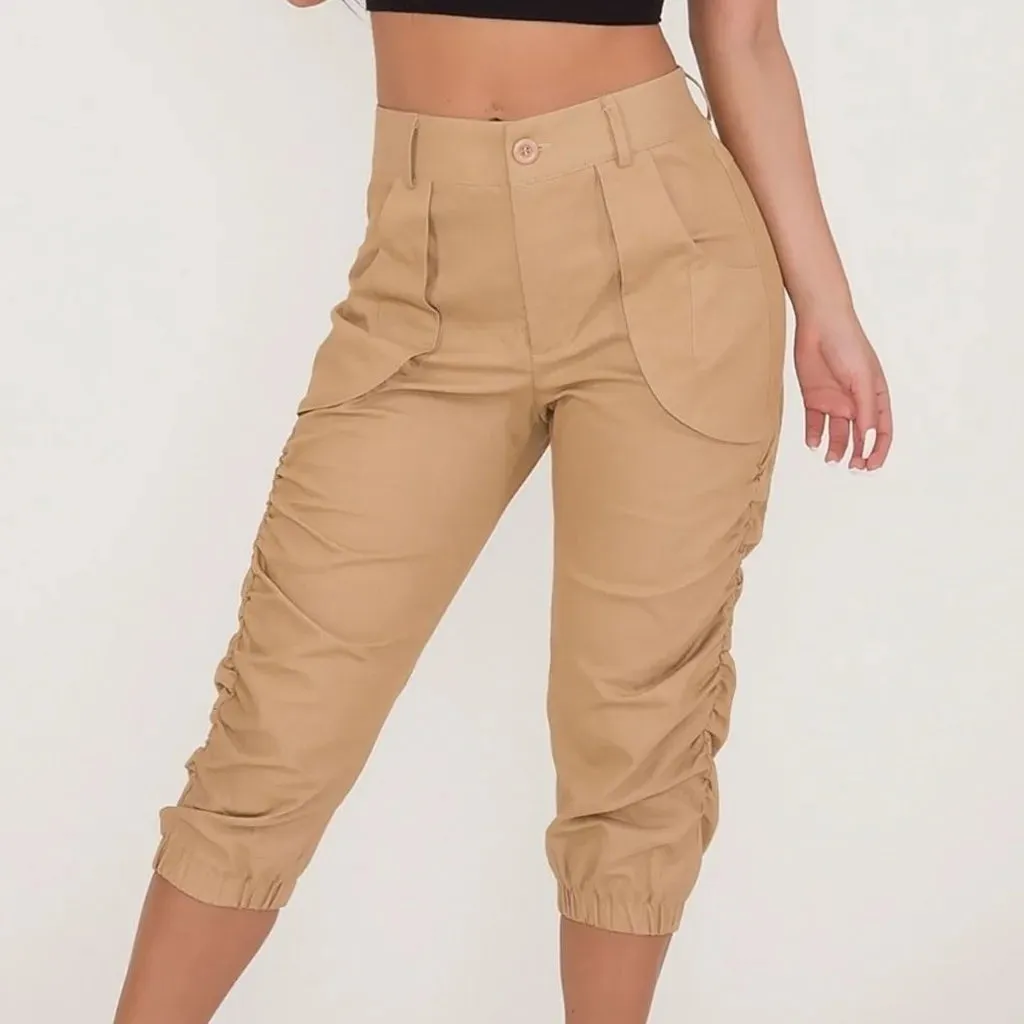 Women's Relaxed Fit Ruched 3/4 Fashion Designer Cargo High Waist Pants