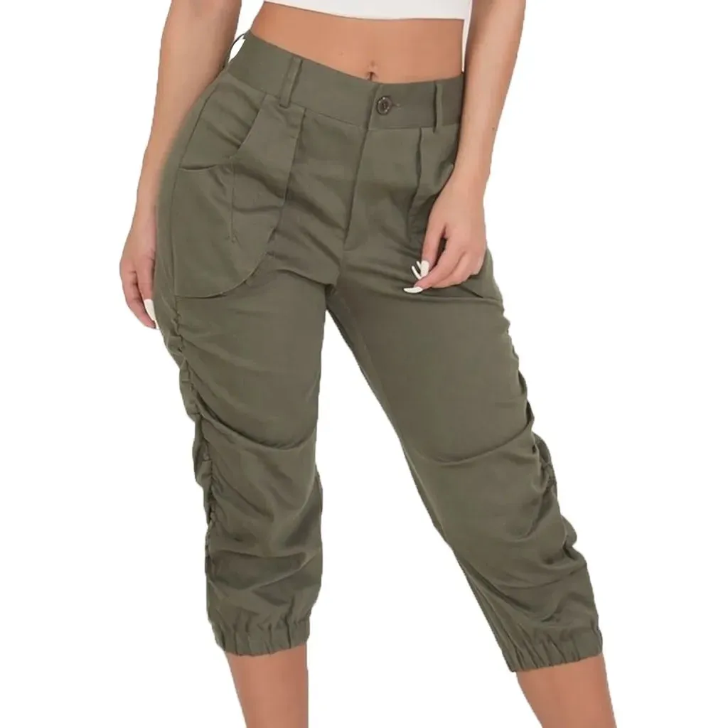 Women's Relaxed Fit Ruched 3/4 Fashion Designer Cargo High Waist Pants