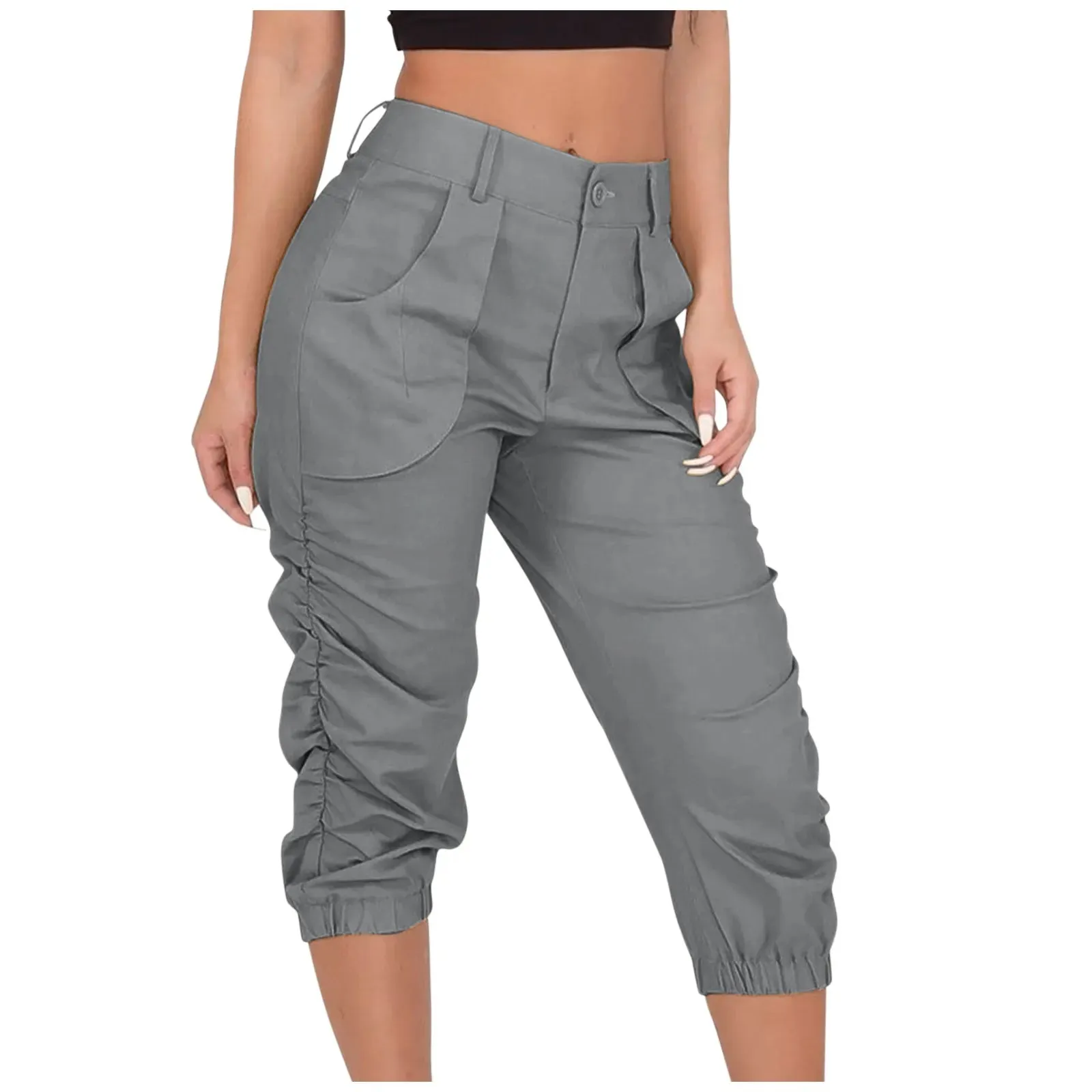 Women's Relaxed Fit Ruched 3/4 Fashion Designer Cargo High Waist Pants