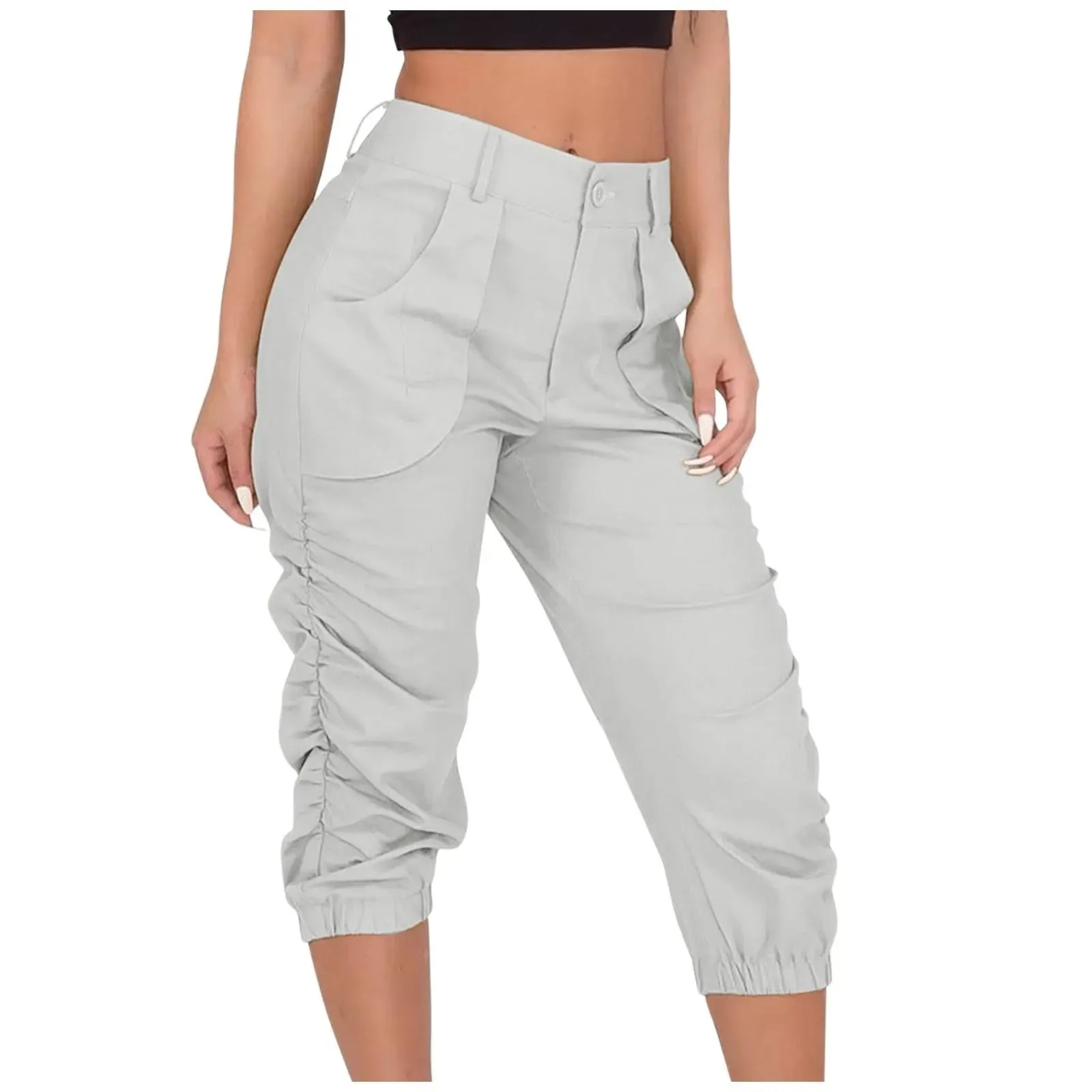 Women's Relaxed Fit Ruched 3/4 Fashion Designer Cargo High Waist Pants