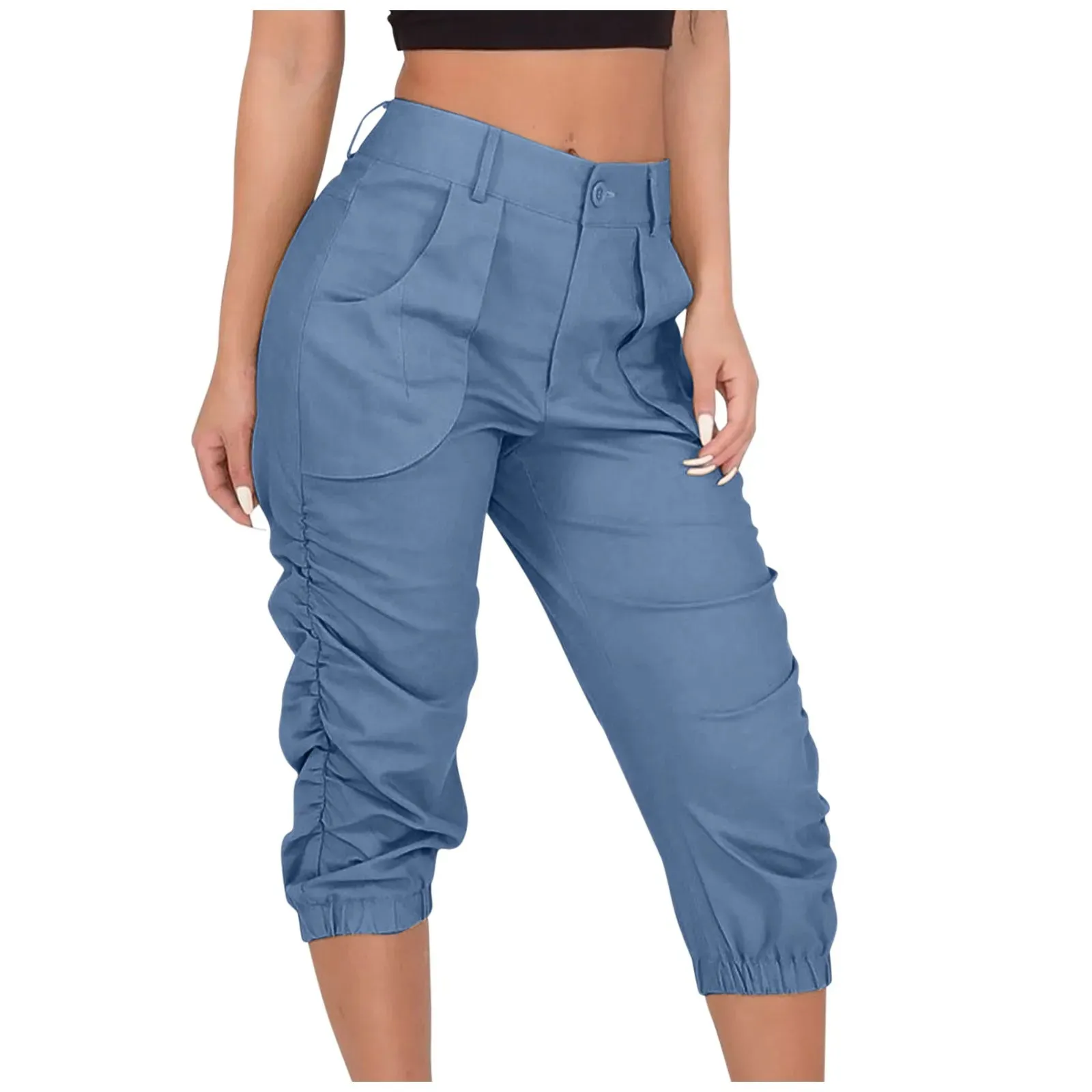 Women's Relaxed Fit Ruched 3/4 Fashion Designer Cargo High Waist Pants