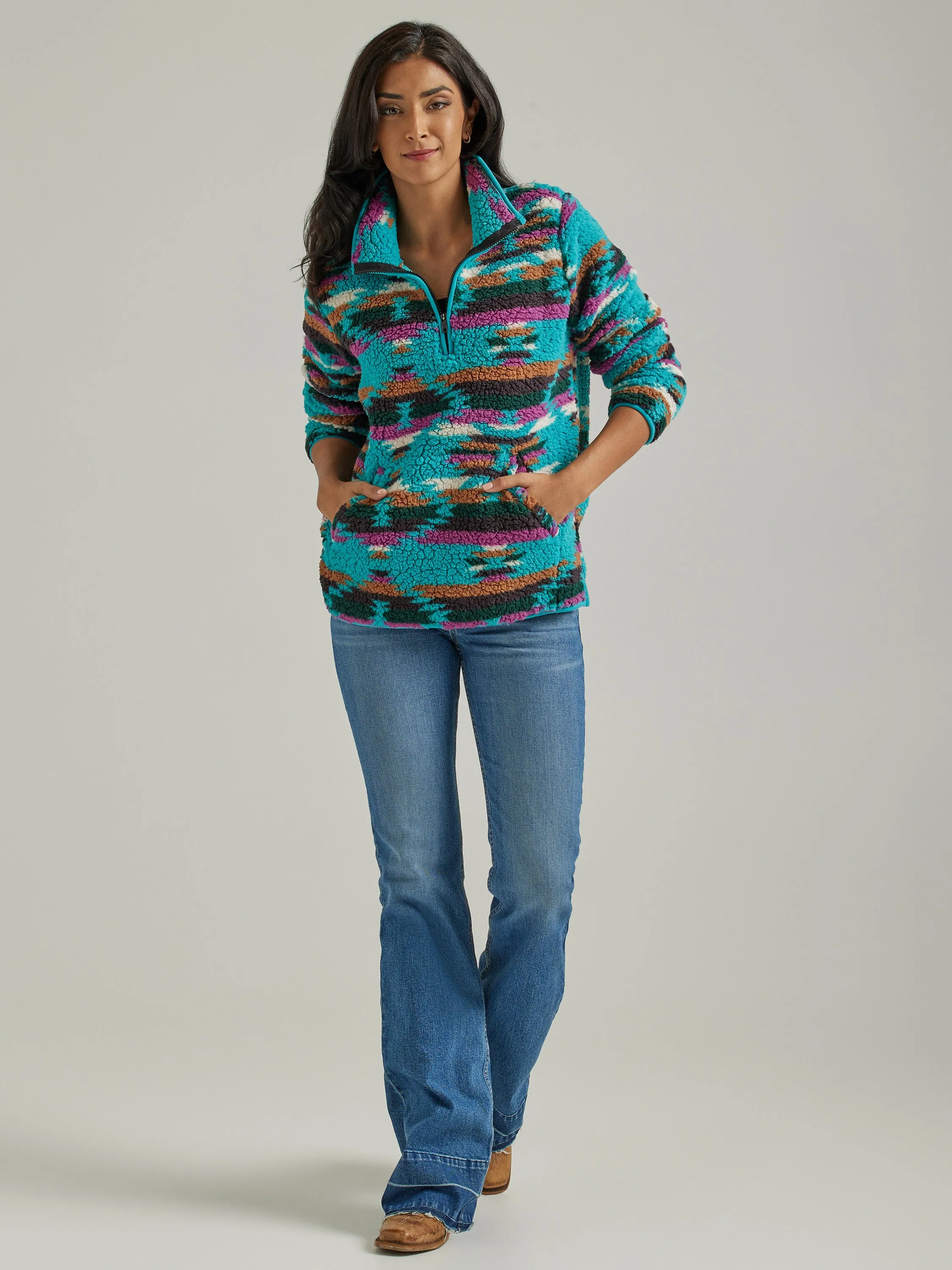 Wrangler Women's Retro Dark Teal Quarter Zip Sherpa Pullover